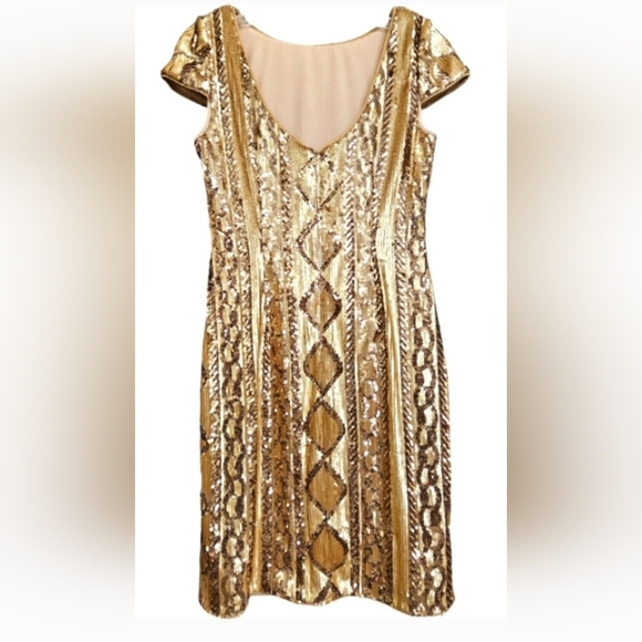 Nw Adrianna Papell Cable Knit Cap Sleeves,Gold ,Geometric Sequin Cocktail Dress - Picture 5 of 7